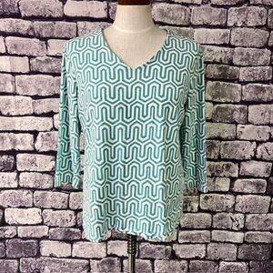 Chico's Aqua & White V-Neck 3/4 Sleeve Blouse Size L